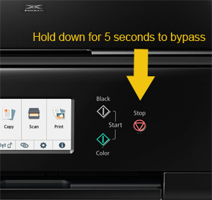 Image showing button to bypass canon printer not recognising ink