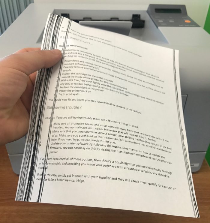 hey guys my printer just started leaving black lines on the back of paper  for no reason, is there anything I can do to fix it? (more info in  comments) : r/printers