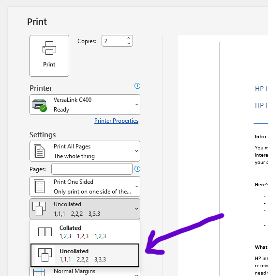 What does collate mean when printing?